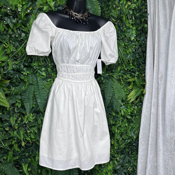 AND NOW‎ THIS Dress Women XS White Off Shoulder Babydoll Smocked Waist 2208 - Picture 3 of 10